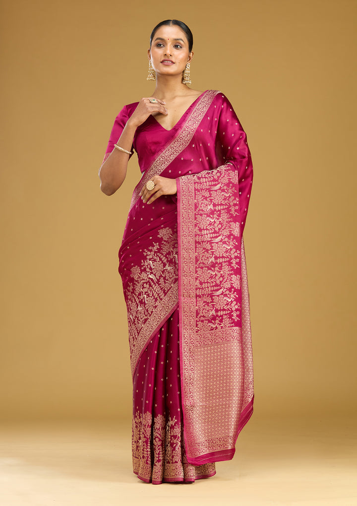 Wine Zariwork (Gold) Semi Crepe Silk Saree