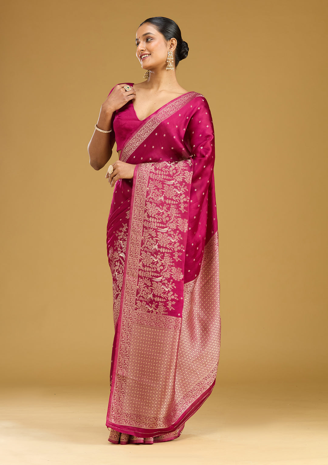 Wine Zariwork (Gold) Semi Crepe Silk Saree