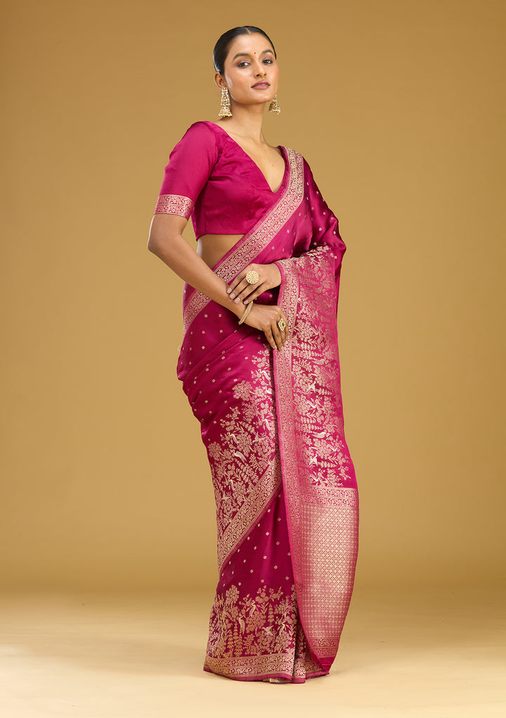 Wine Zariwork (Gold) Semi Crepe Silk Saree