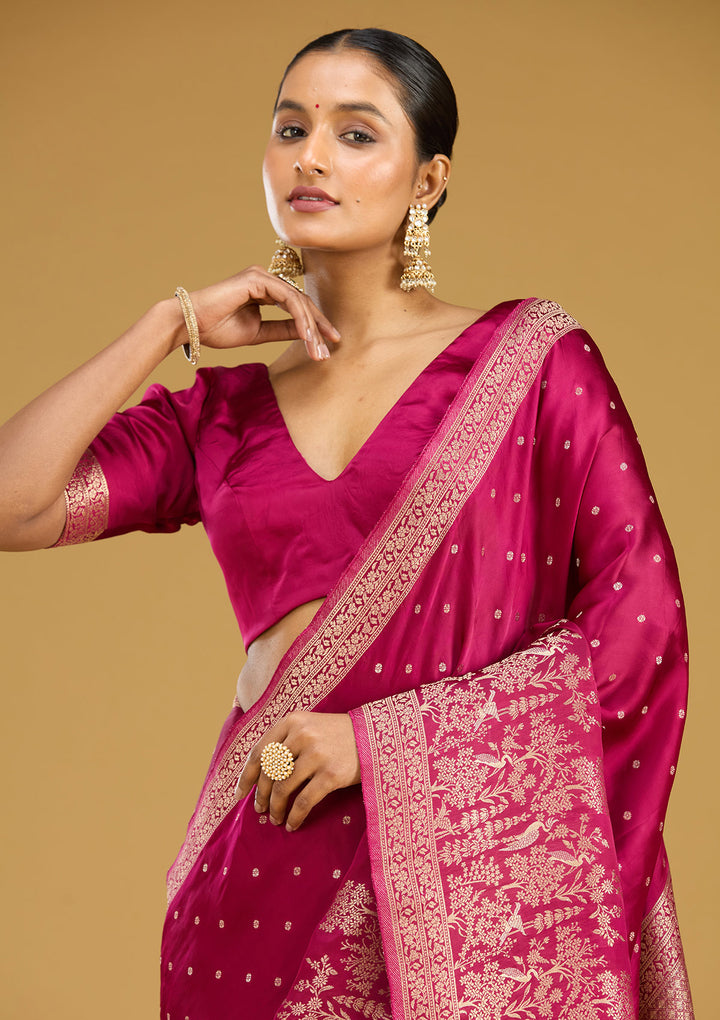 Wine Zariwork (Gold) Semi Crepe Silk Saree