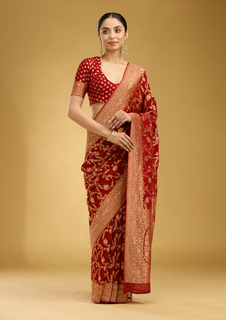 Rust Zariwork (Gold) Silk Silk Saree