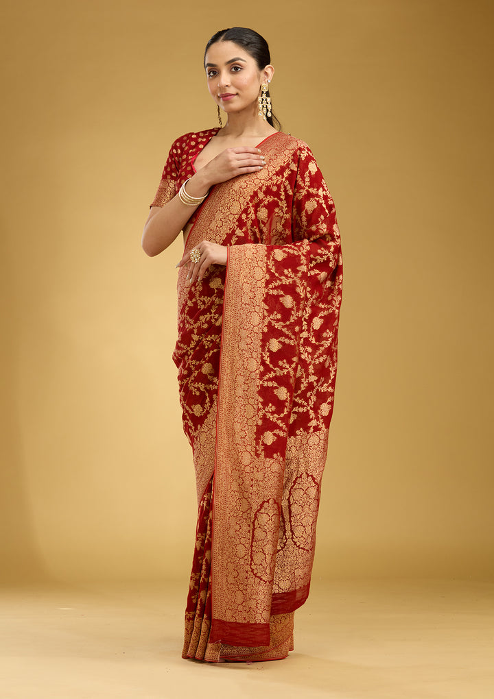 Rust Zariwork (Gold) Silk Silk Saree