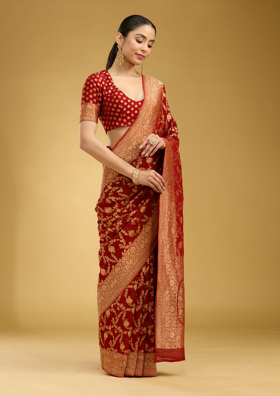 Rust Zariwork (Gold) Silk Silk Saree