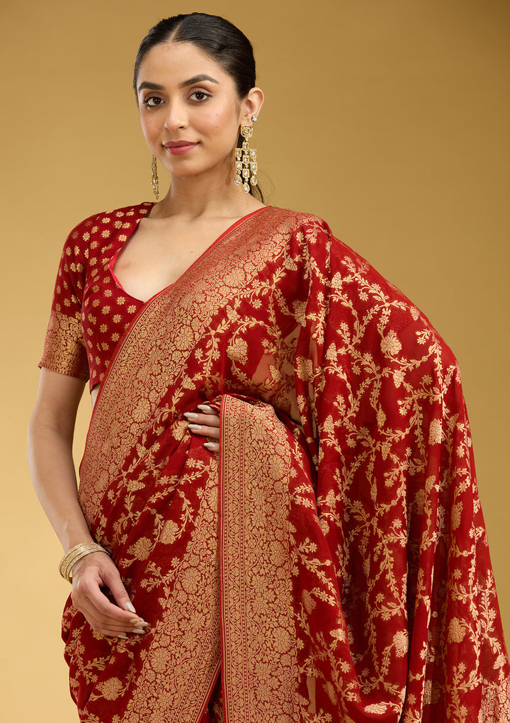 Rust Zariwork (Gold) Silk Silk Saree