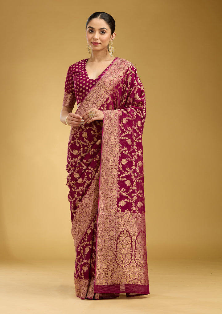 Wine Zariwork (Gold) Silk Silk Saree