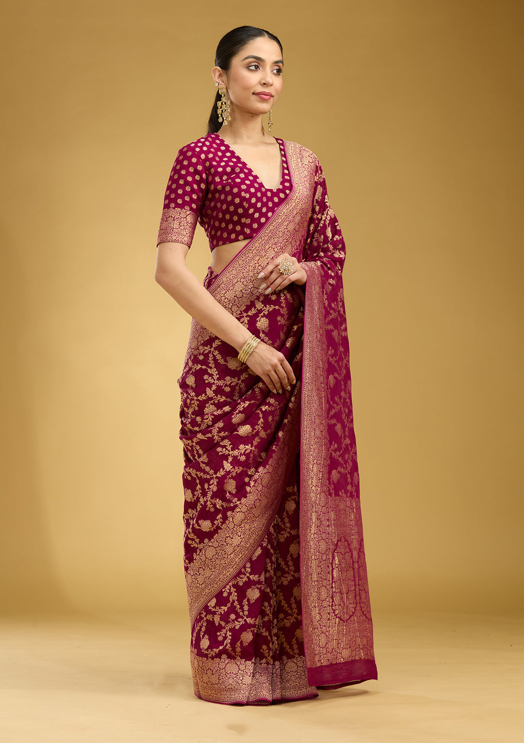 Wine Zariwork (Gold) Silk Silk Saree