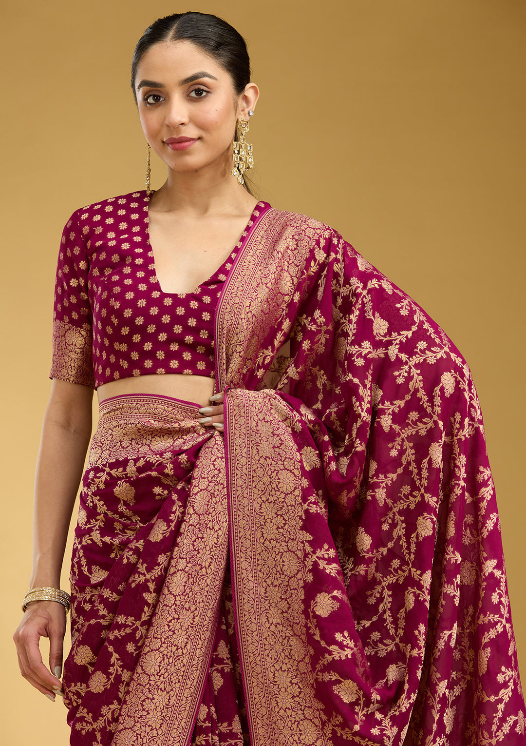 Wine Zariwork (Gold) Silk Silk Saree