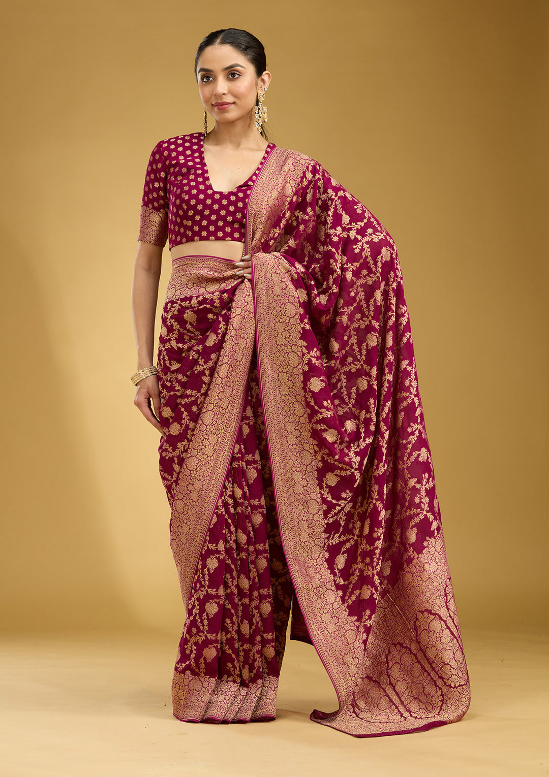 Wine Zariwork (Gold) Silk Silk Saree