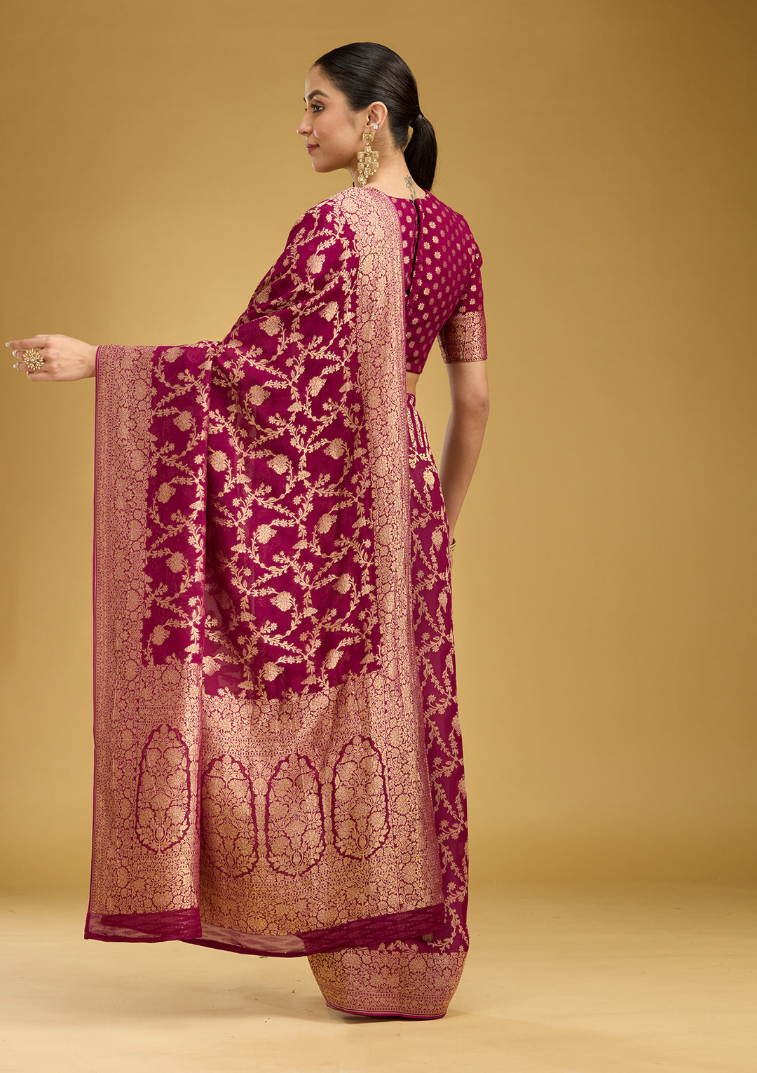 Wine Zariwork (Gold) Silk Silk Saree