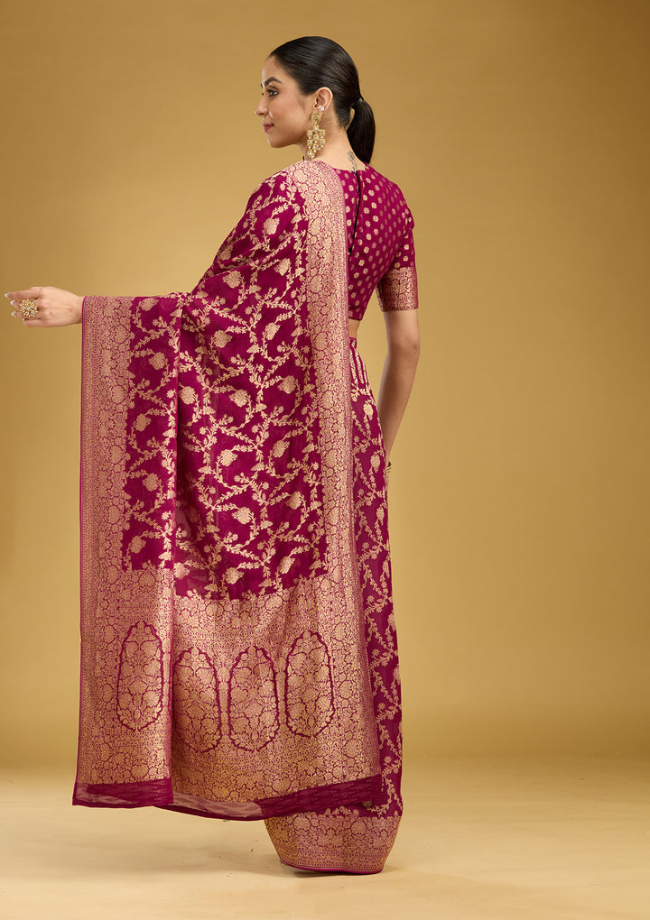 Wine Zariwork (Gold) Silk Silk Saree