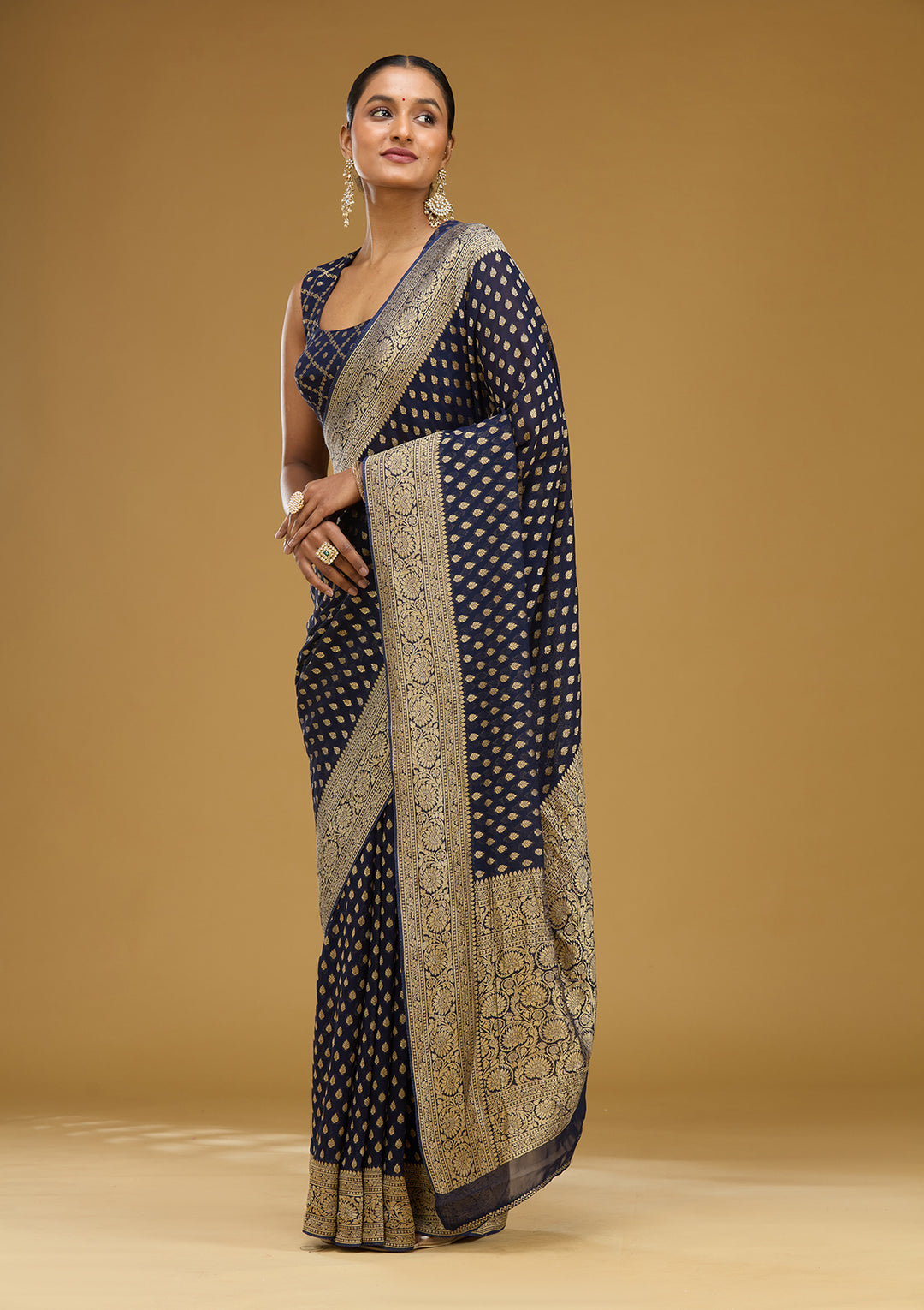 Navy Blue Zariwork Georgette Silk Saree