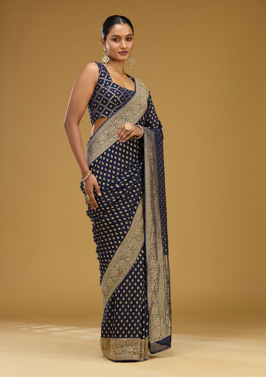 Navy Blue Zariwork Georgette Silk Saree