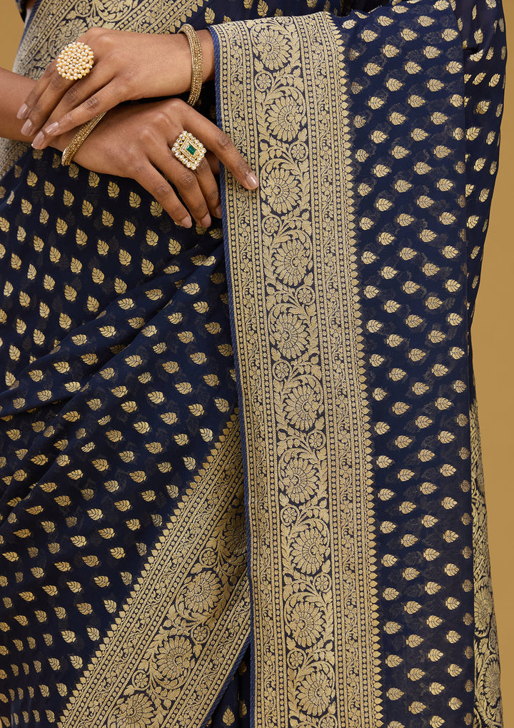Navy Blue Zariwork Georgette Silk Saree