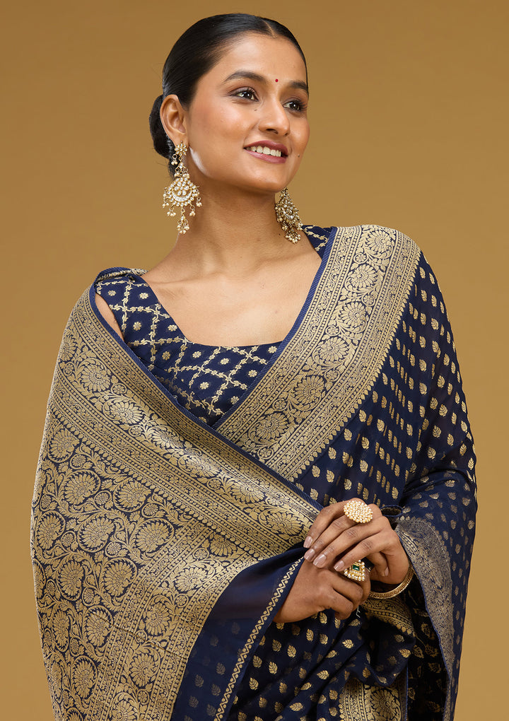 Navy Blue Zariwork Georgette Silk Saree