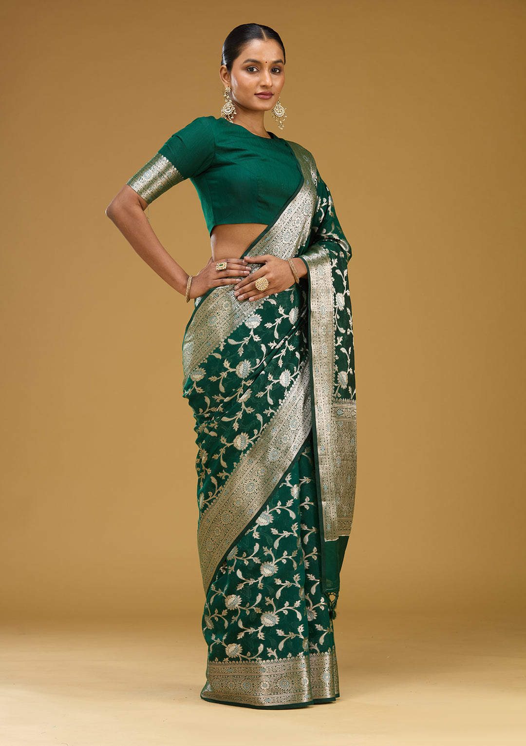 Bottle Green Zariwork Art Silk Silk Saree