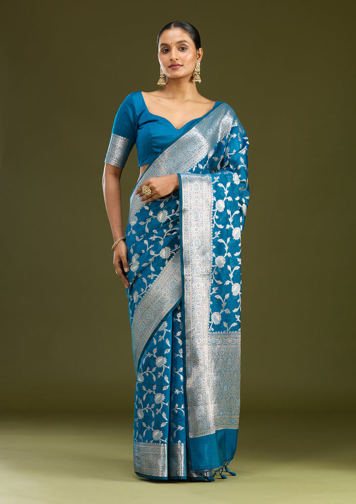 Peacock Blue Zariwork Art Silk Silk Saree