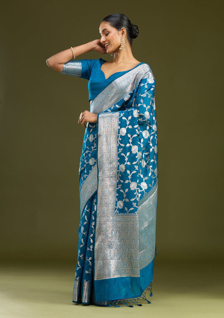 Peacock Blue Zariwork Art Silk Silk Saree