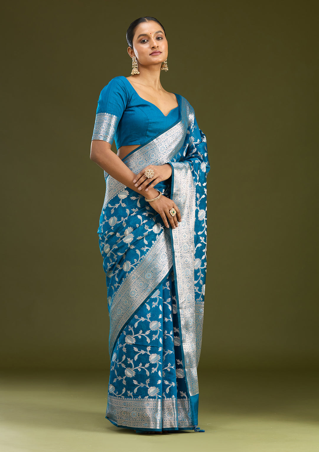 Peacock Blue Zariwork Art Silk Silk Saree