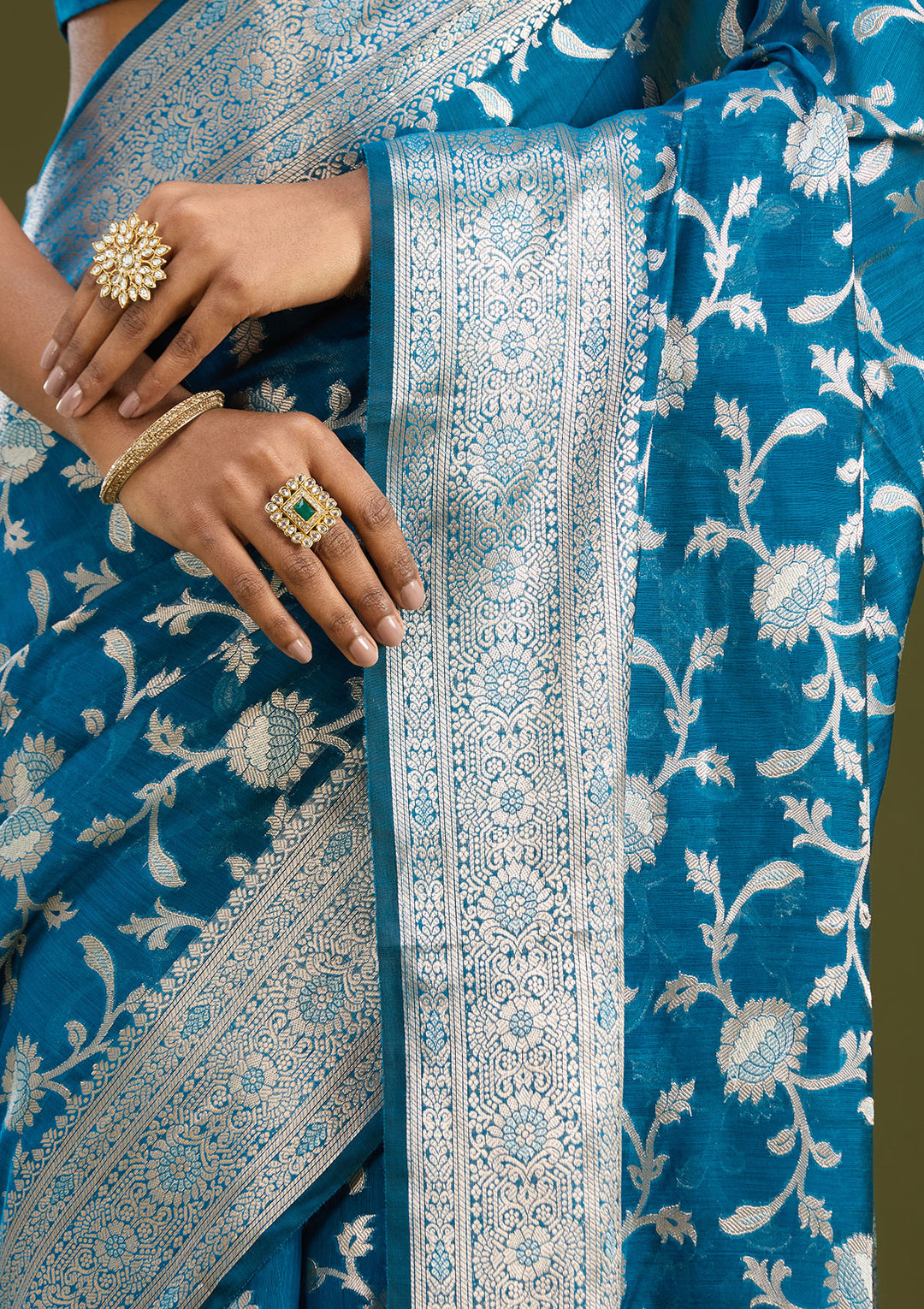 Peacock Blue Zariwork Art Silk Silk Saree