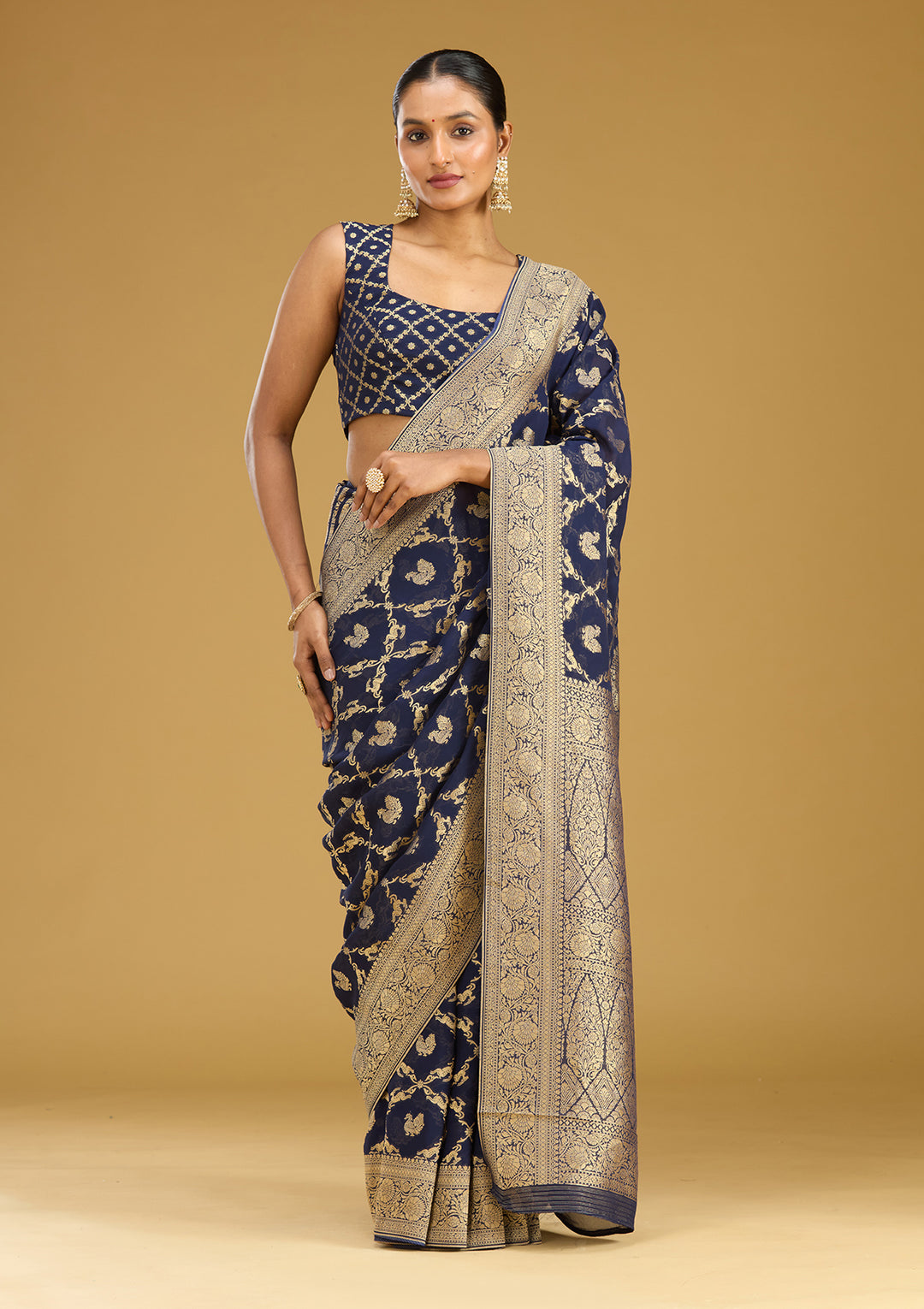 Navy Blue Zariwork Satin Silk Saree