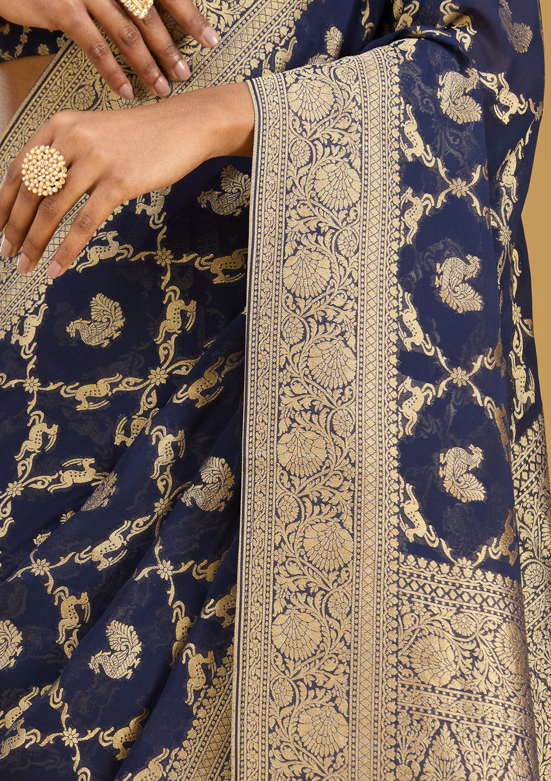 Navy Blue Zariwork Satin Silk Saree