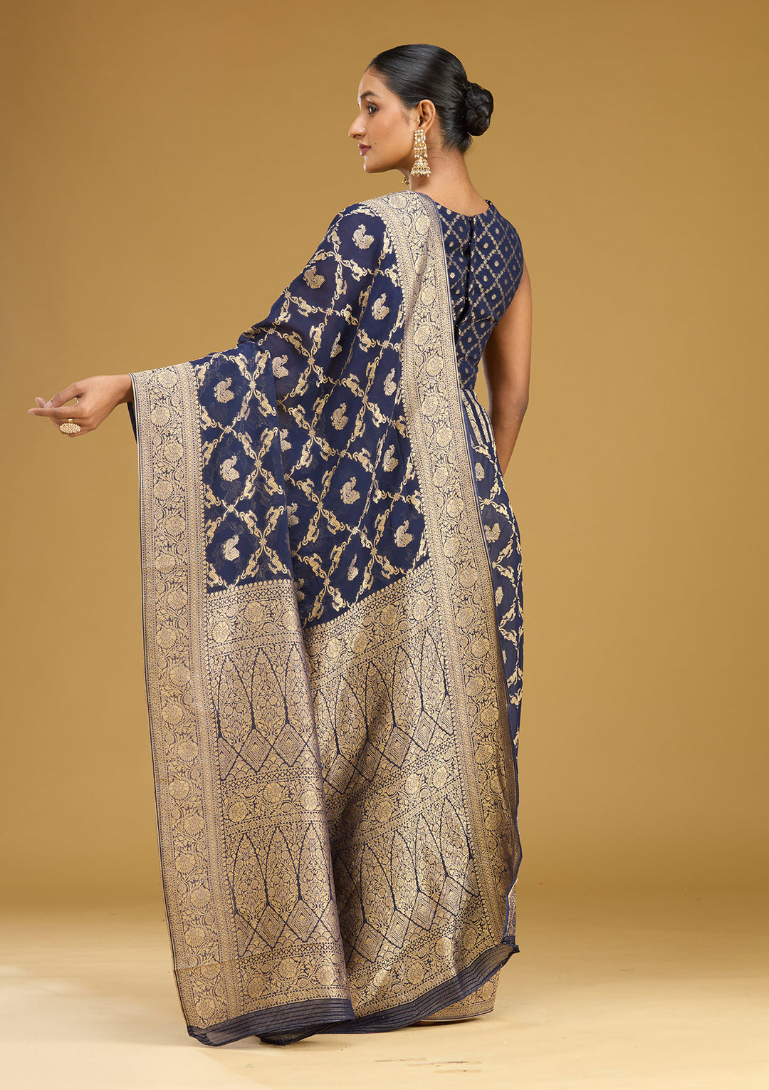 Navy Blue Zariwork Satin Silk Saree