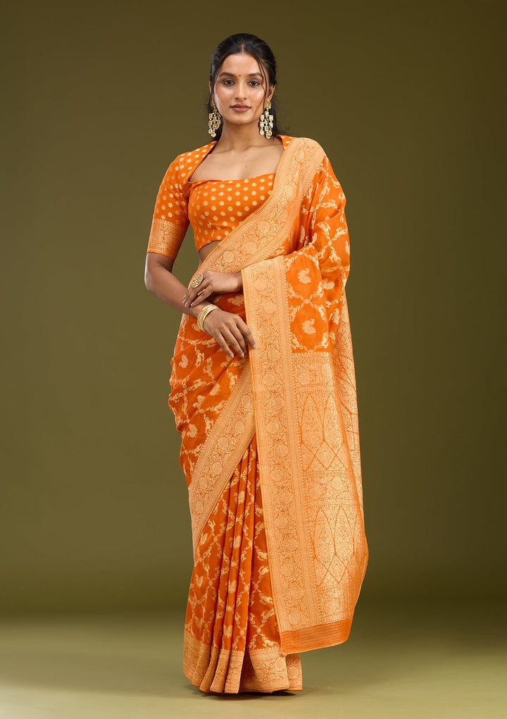 Orange Zariwork Satin Silk Saree