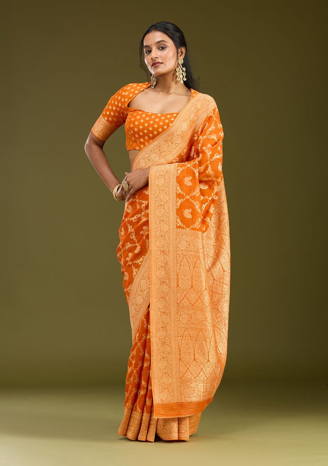 Orange Zariwork Satin Silk Saree
