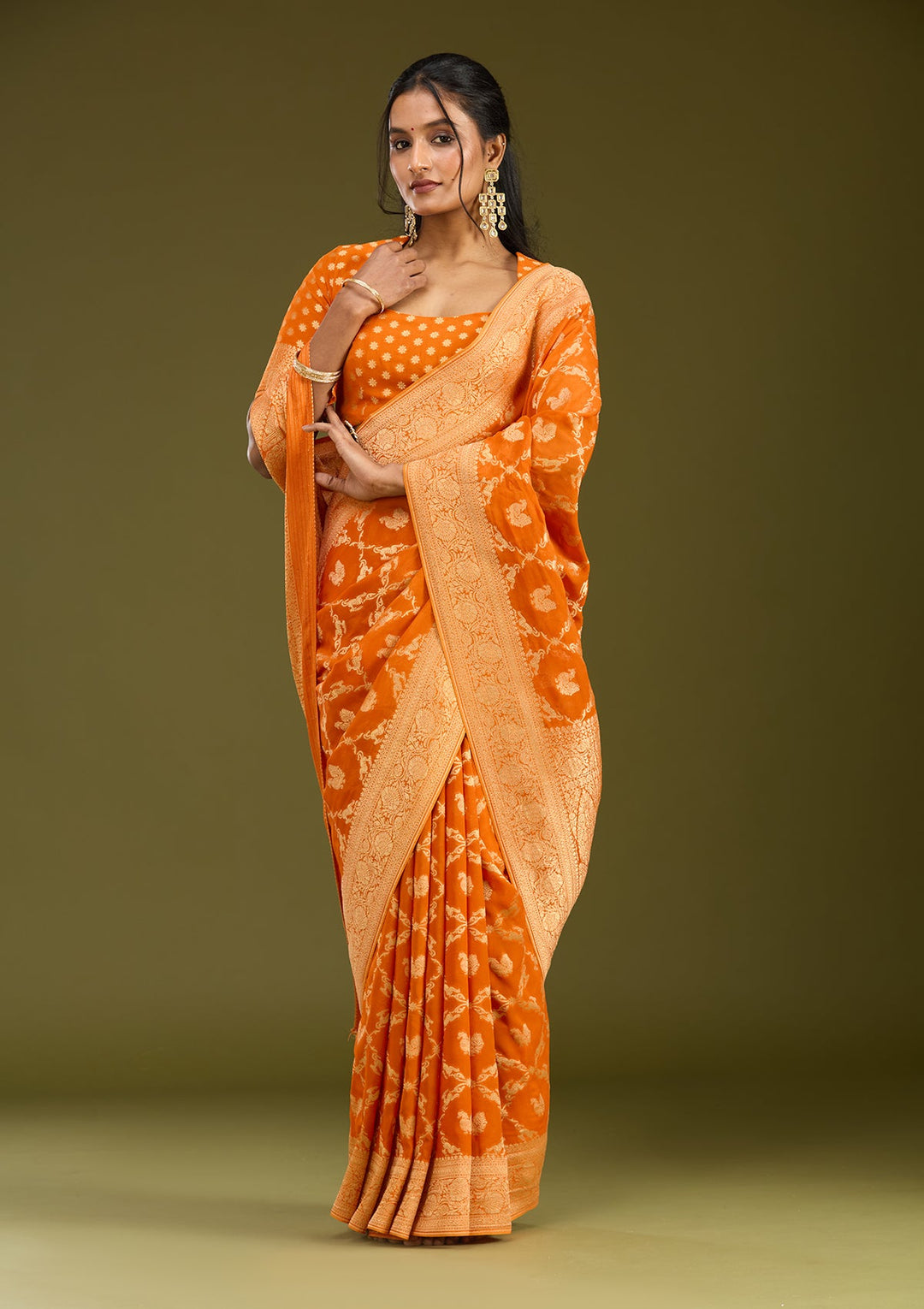 Orange Zariwork Satin Silk Saree