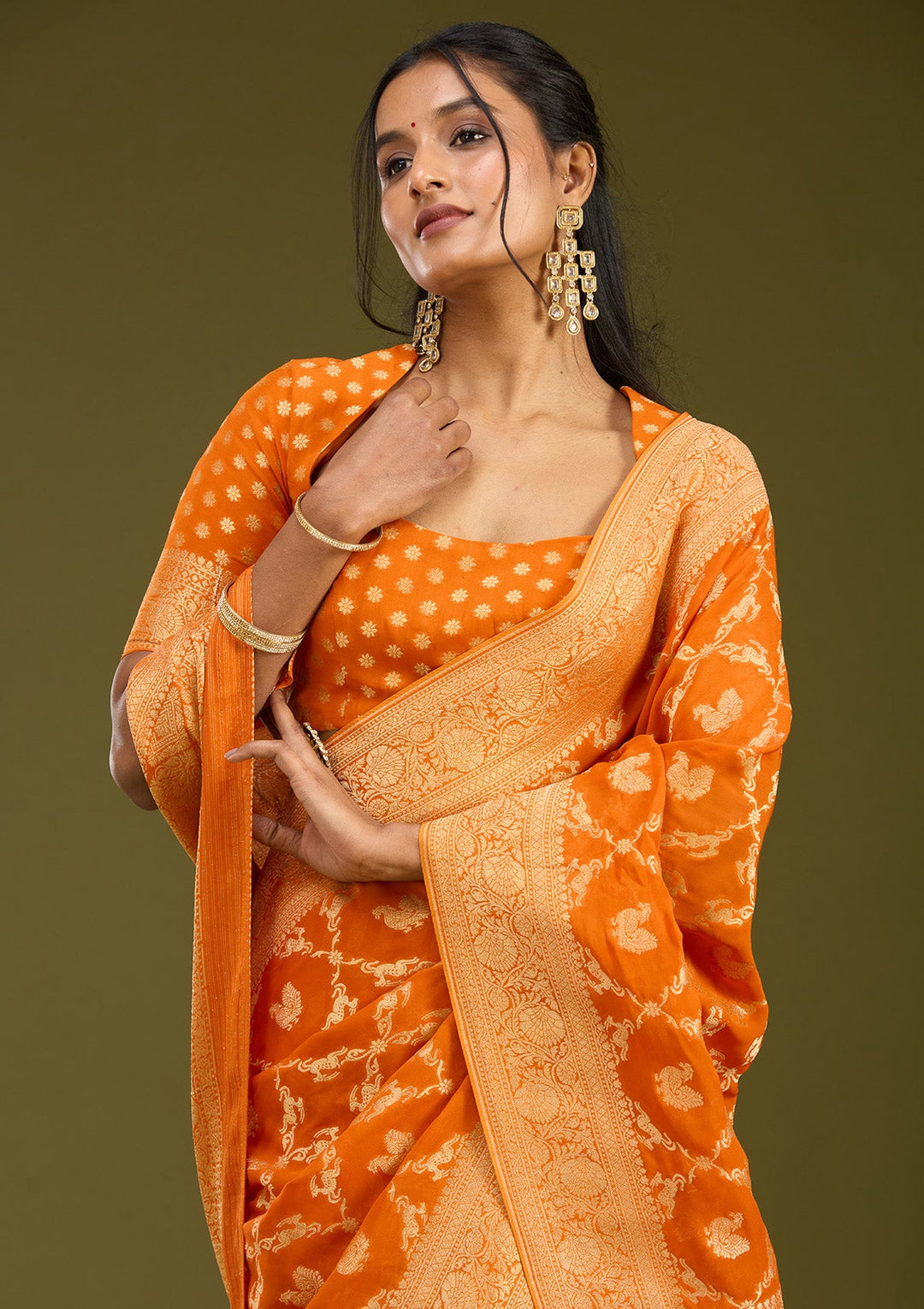 Orange Zariwork Satin Silk Saree