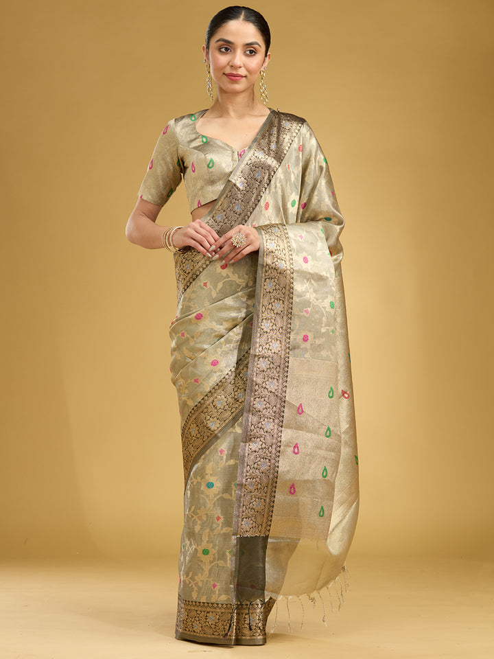 Light Grey Zariwork Tissue Silk Saree