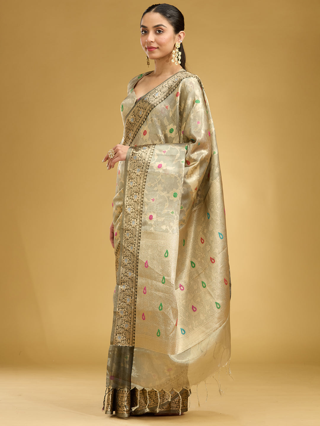 Light Grey Zariwork Tissue Silk Saree