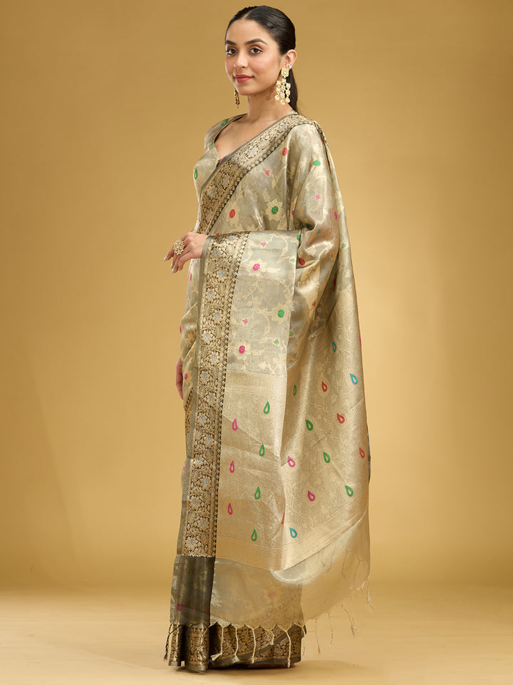 Light Grey Zariwork Tissue Silk Saree