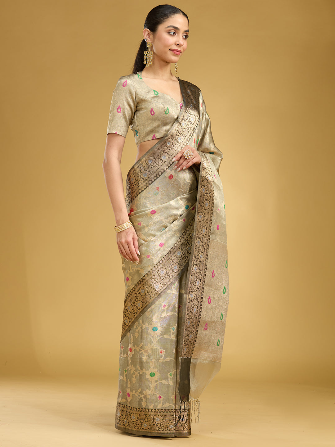 Light Grey Zariwork Tissue Silk Saree