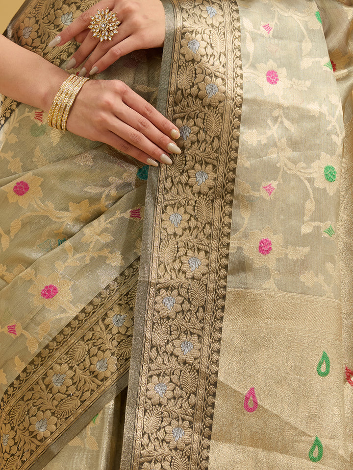Light Grey Zariwork Tissue Silk Saree