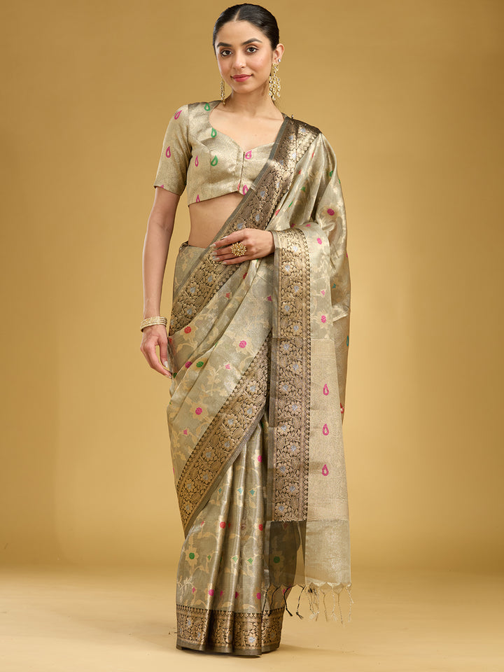 Light Grey Zariwork Tissue Silk Saree