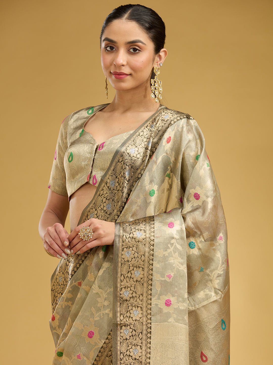 Light Grey Zariwork Tissue Silk Saree
