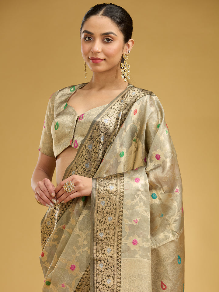 Light Grey Zariwork Tissue Silk Saree