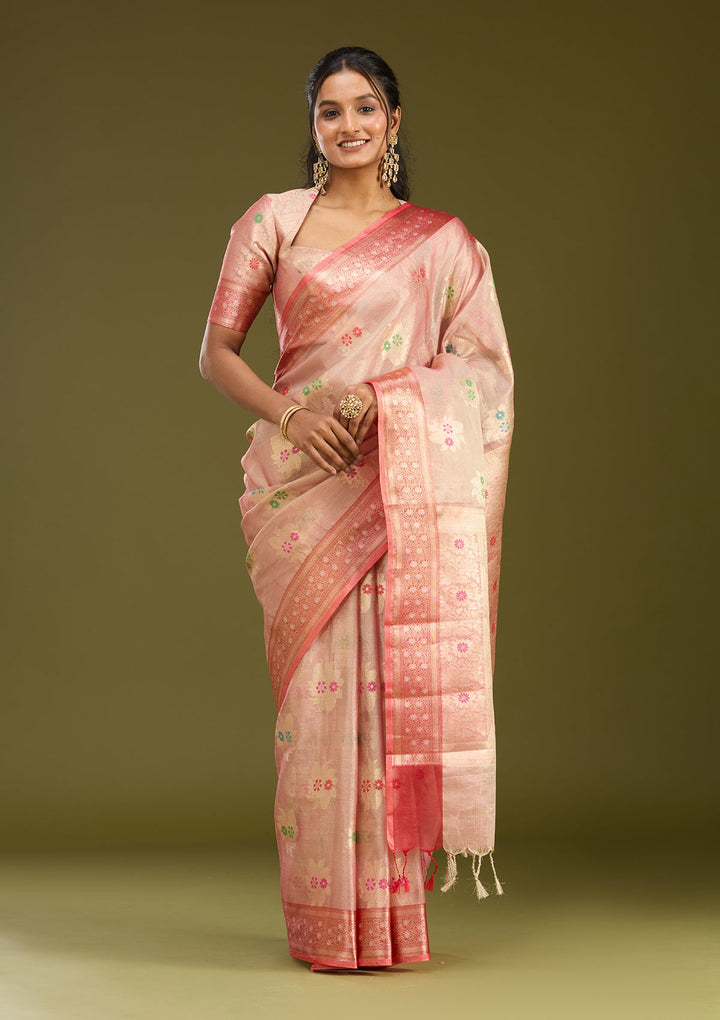 Peach Zariwork (Gold) Tissue Silk Saree