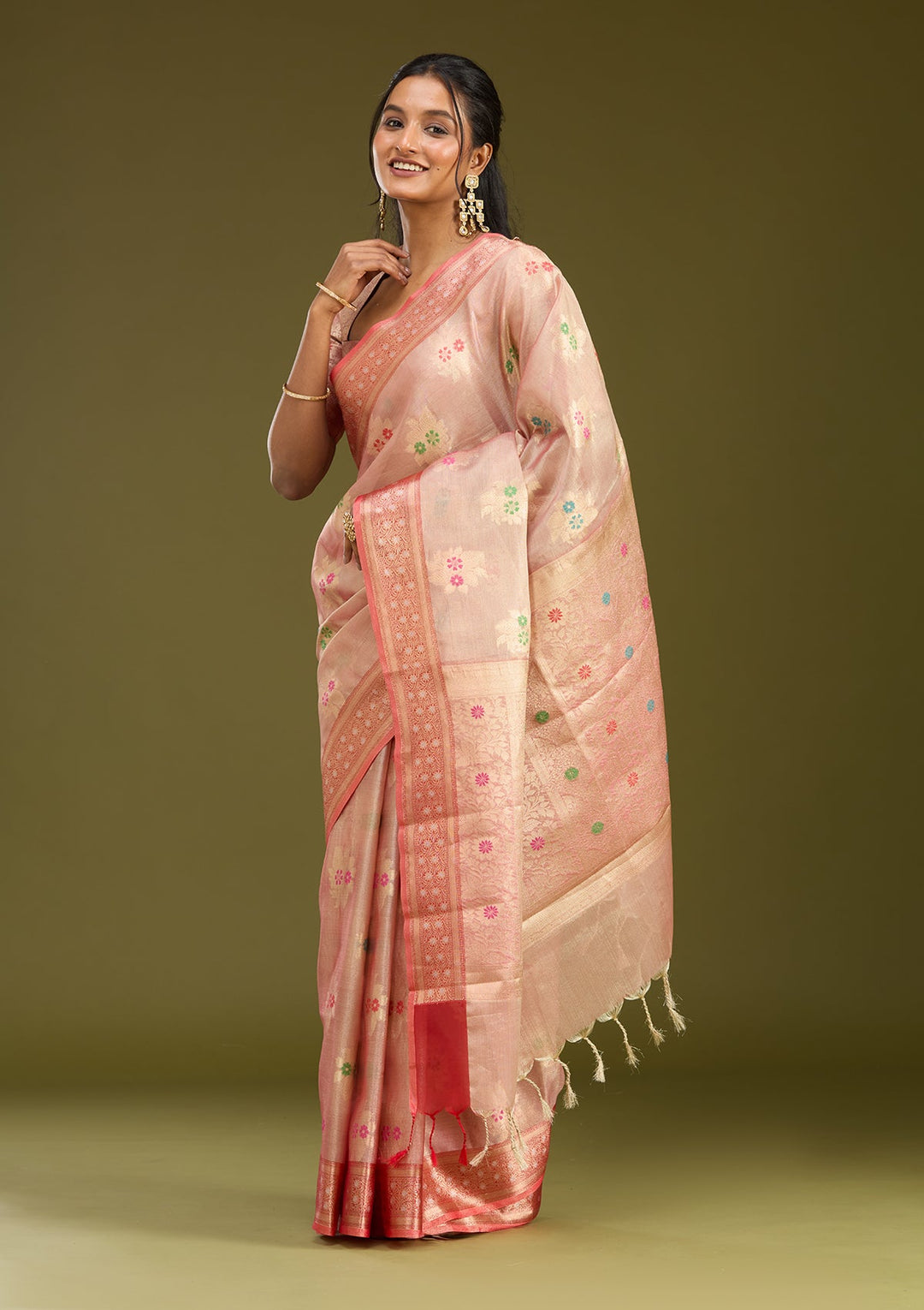 Peach Zariwork (Gold) Tissue Silk Saree