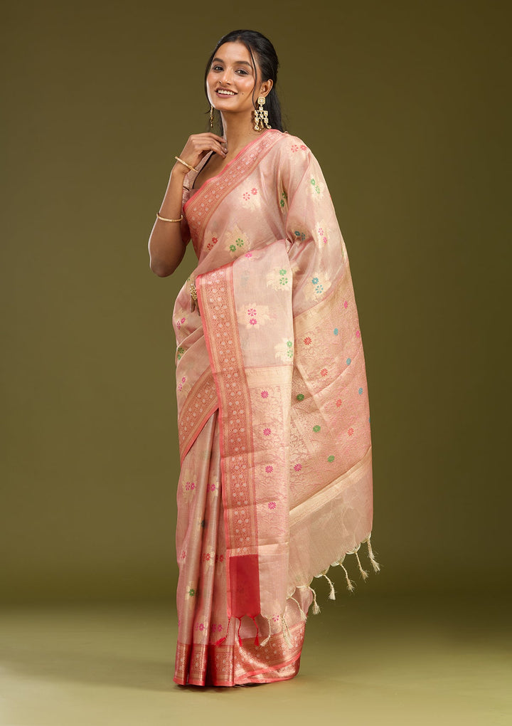 Peach Zariwork (Gold) Tissue Silk Saree