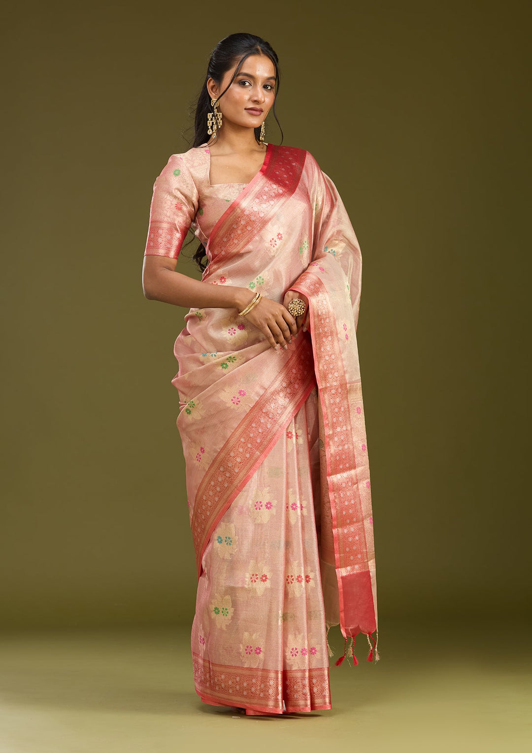 Peach Zariwork (Gold) Tissue Silk Saree