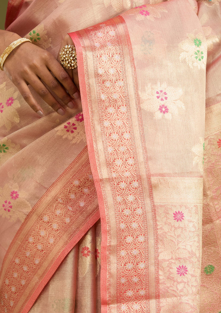 Peach Zariwork (Gold) Tissue Silk Saree