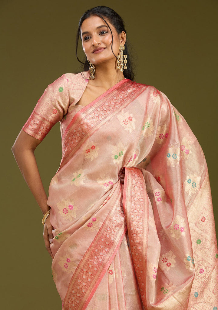 Peach Zariwork (Gold) Tissue Silk Saree