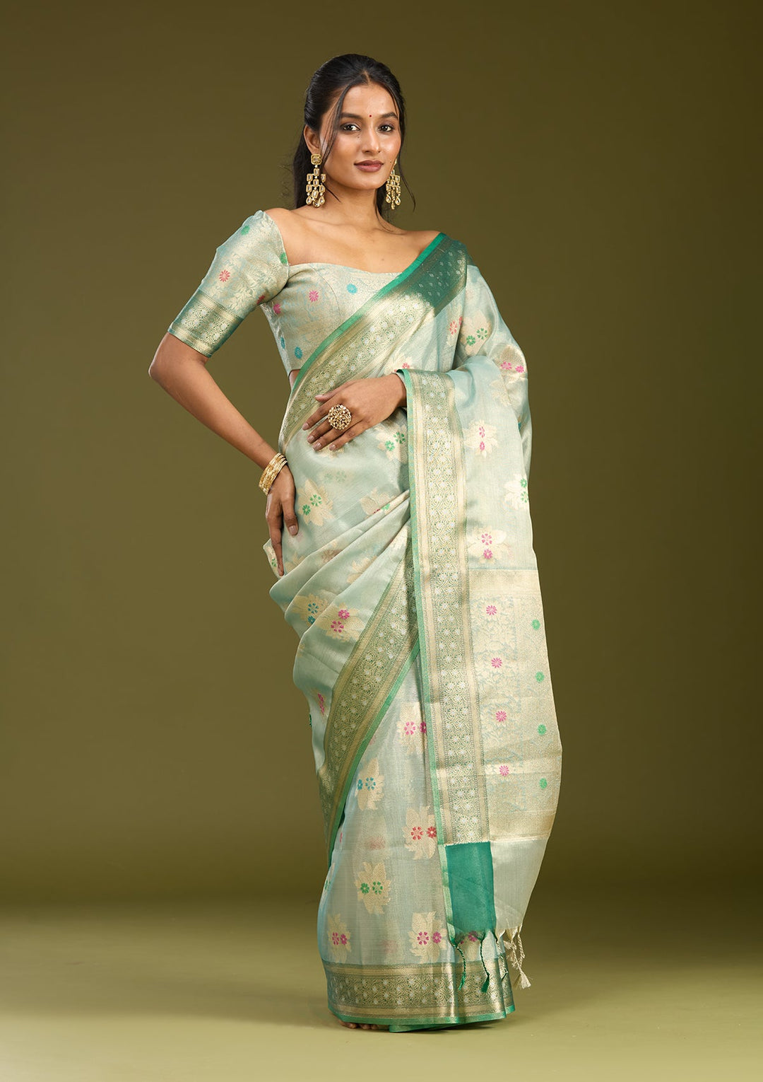 Sea Green Zariwork (Gold) Tissue Silk Saree