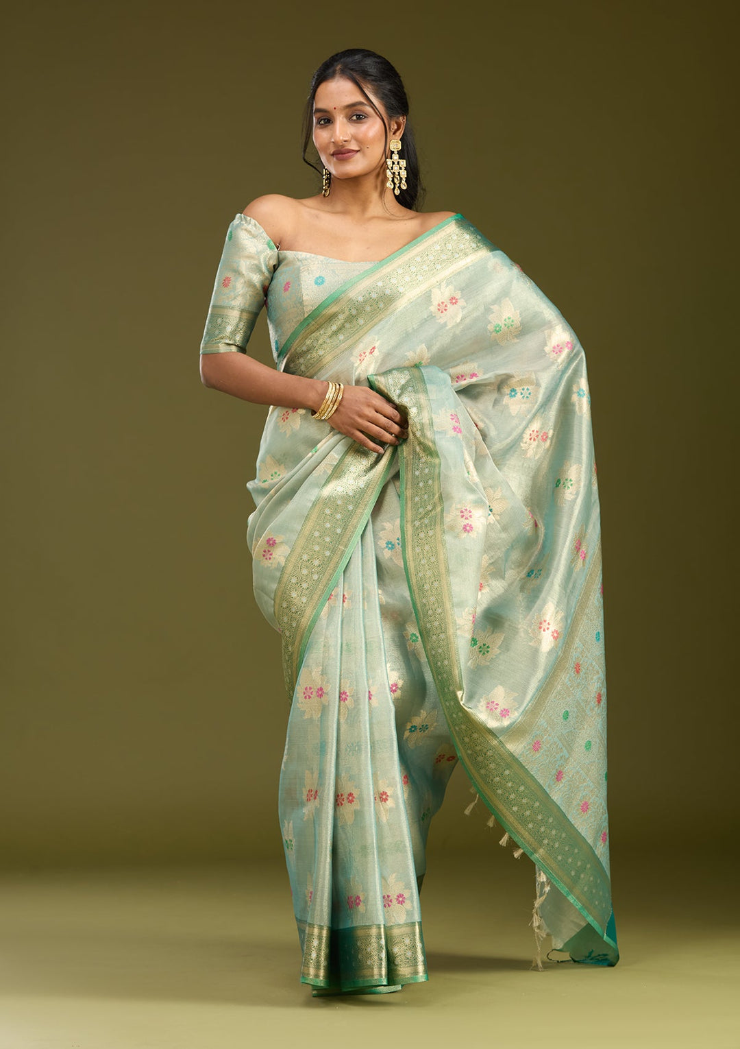 Sea Green Zariwork (Gold) Tissue Silk Saree