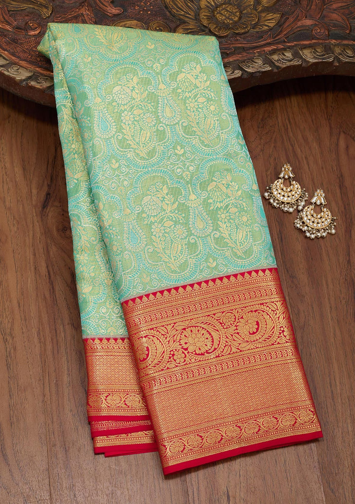 Rama Green Zariwork Tissue Silk Saree-Koskii