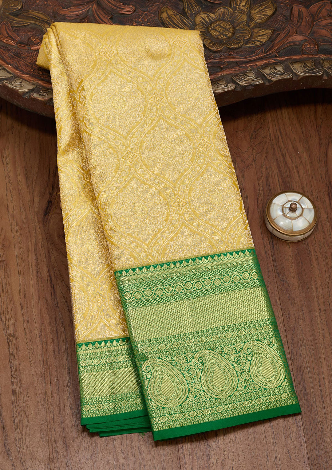 Lemon Yellow Zariwork Tissue Silk Saree-Koskii