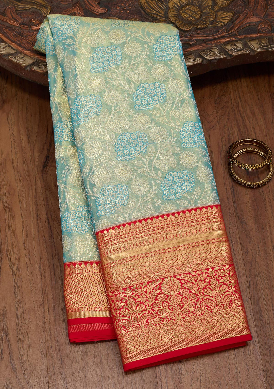 Sky Blue Zariwork Tissue Silk Saree-Koskii