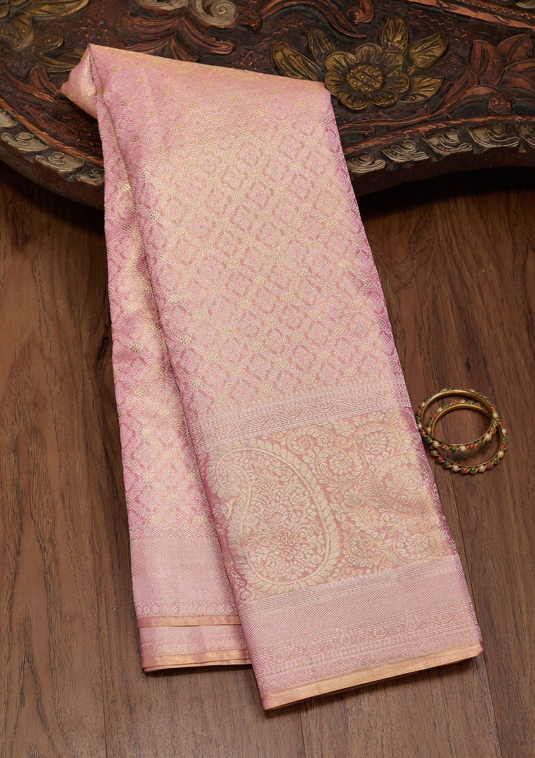Onion Pink Zariwork Tissue Silk Saree-Koskii